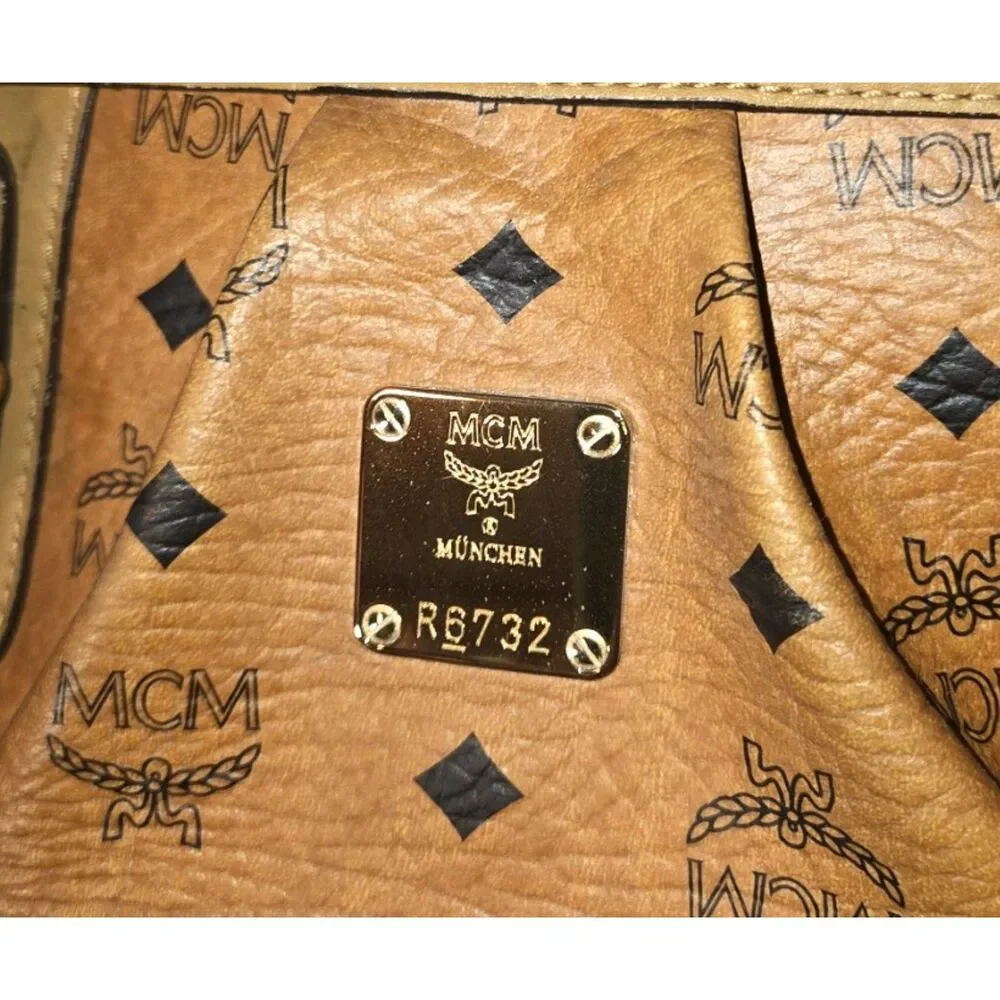 Authentic MCM Cognac Visetos Heritage Pleated Two-Way Satchel Bag (R6732)